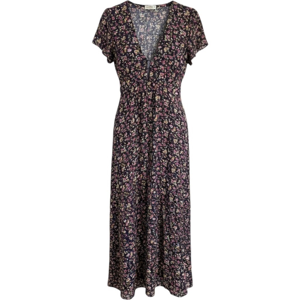 Natural Life Floral Maxi Dress Gray Pink Ditsy Print V-Neck Tiered Rayon Large